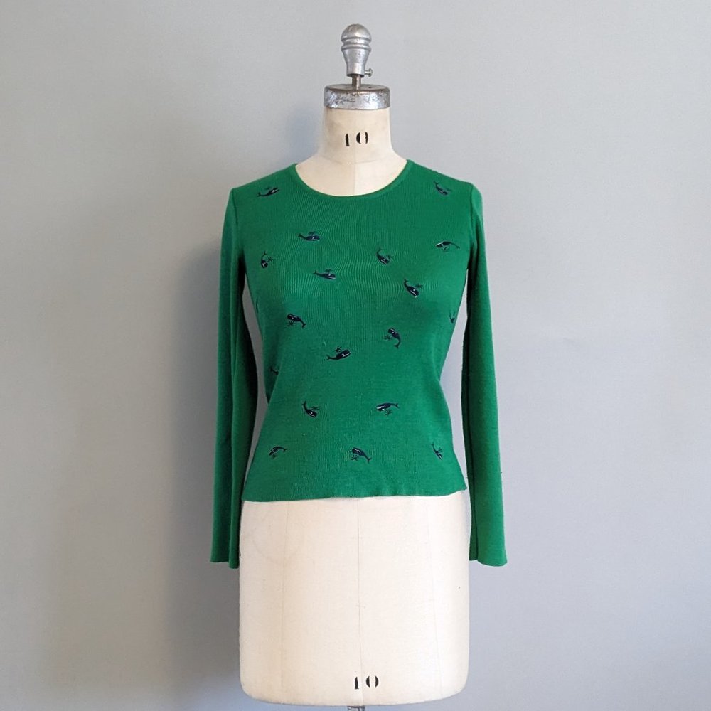 Vintage Green and Navy Blue Embroidered Whale Novelty Crew Neck Sweater Small